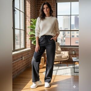 American Eagle Stretch Wide Leg Elastic Waist Tie Jeans Medium Black Size XS